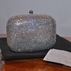New $1200 Sparkling Silver Minaudiere  Clutch  Purse Handbag w Chain